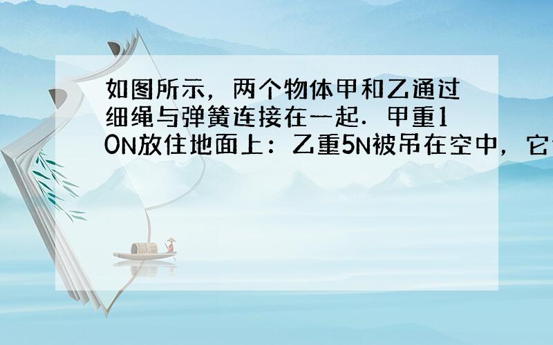 如图所示，两个物体甲和乙通过细绳与弹簧连接在一起．甲重10N放住地面上：乙重5N被吊在空中，它们均保持静止．若不计弹簧及