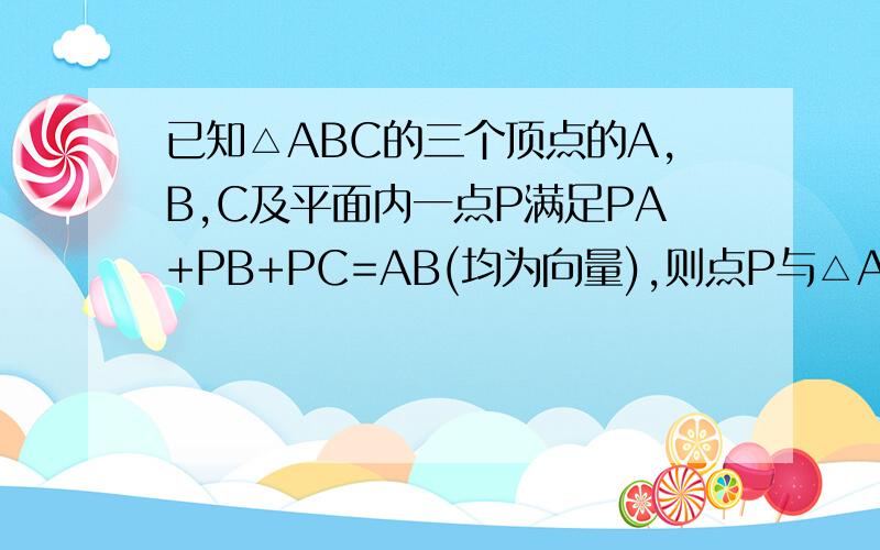 已知△ABC的三个顶点的A,B,C及平面内一点P满足PA+PB+PC=AB(均为向量),则点P与△ABC的关系是