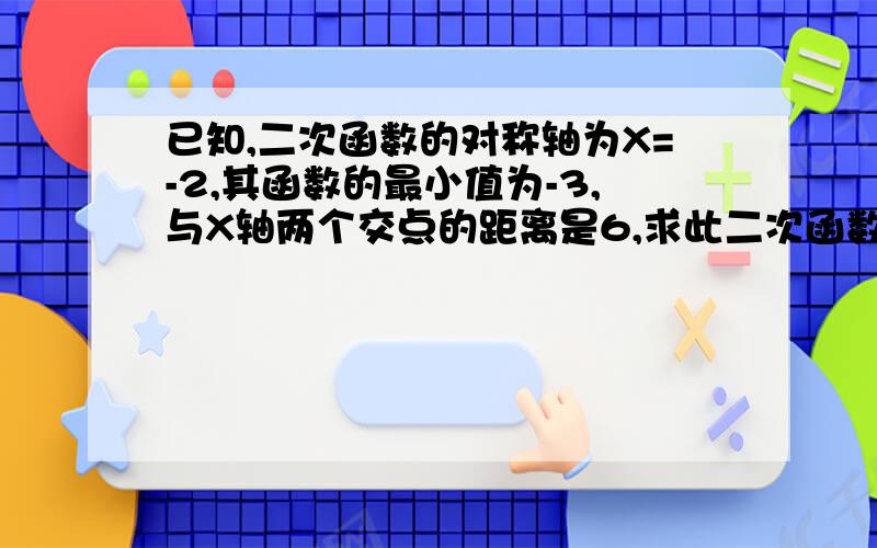 已知,二次函数的对称轴为X=-2,其函数的最小值为-3,与X轴两个交点的距离是6,求此二次函数的解析式